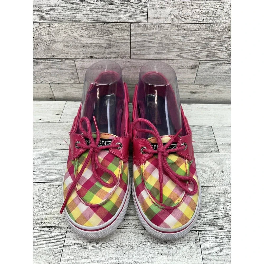 Sperry Top-Sider Pink Yellow Green Plaid Boat Loafer‎ Shoes Size 4.5M Biscayne